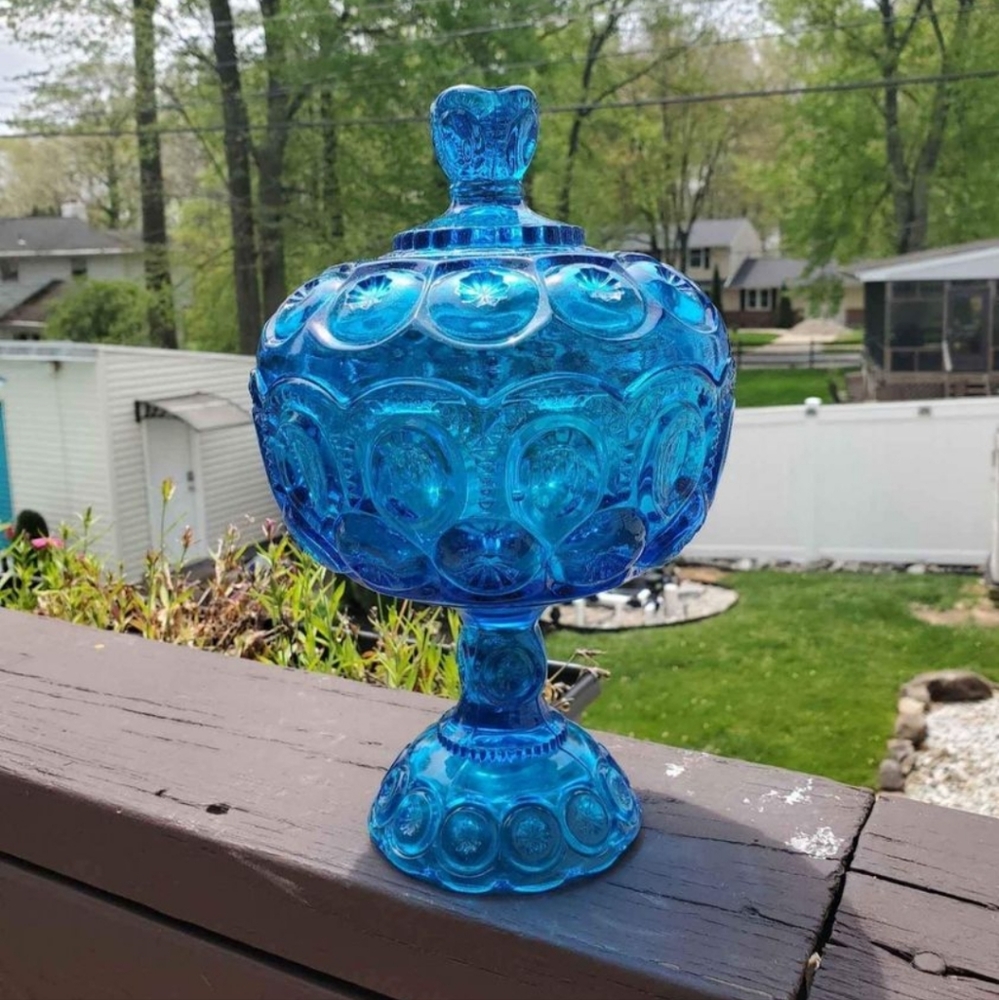 Vintage LE Smith Blue Moon & Stars Compote Bowl w/Lid - Candy Dish -  6"…